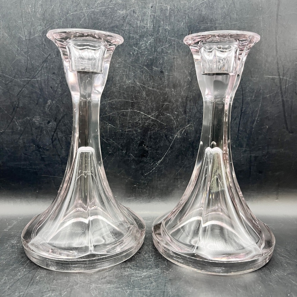 Vtg‎ Pressed Glass Candlestick Holders Pair Fluted Pedestal Taper Set 6.5in